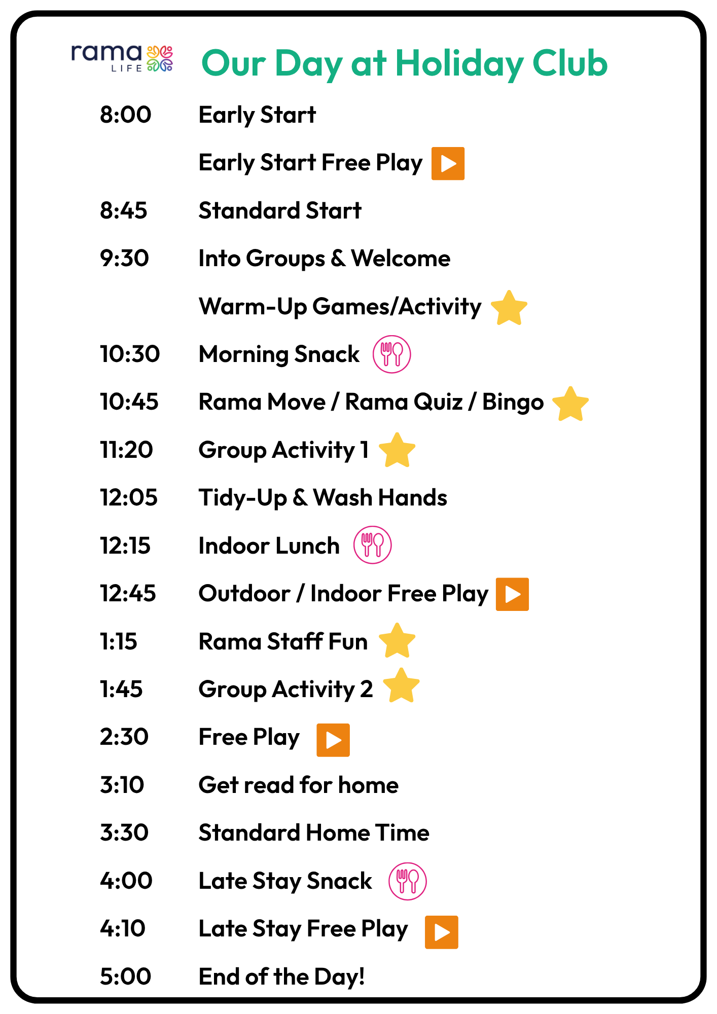 Rama Life Holiday Club Daily Plan